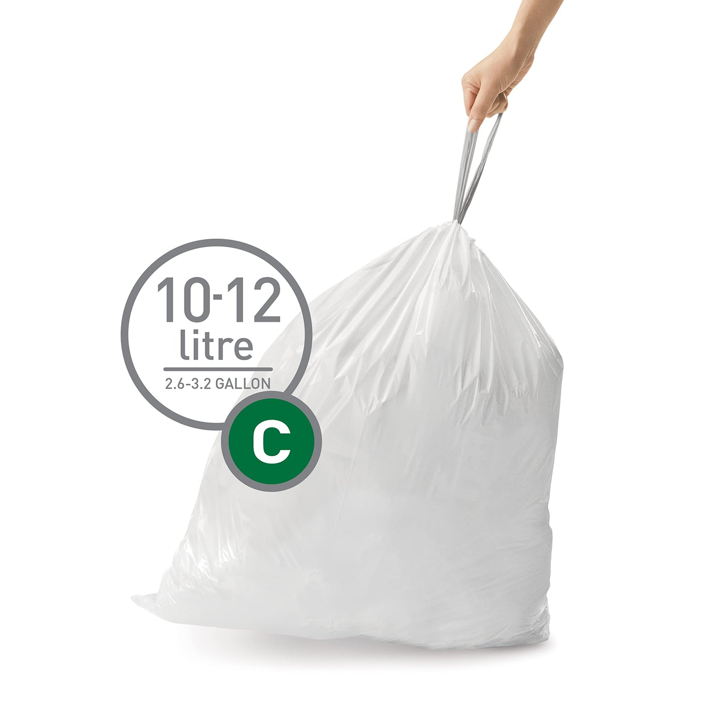 simplehuman Code C 60 Count, Genuine Custom Fit Liners, Drawstring Trash Bags in Dispenser Packs, 10-12 Liter / 2.6-3.2 Gallon, White