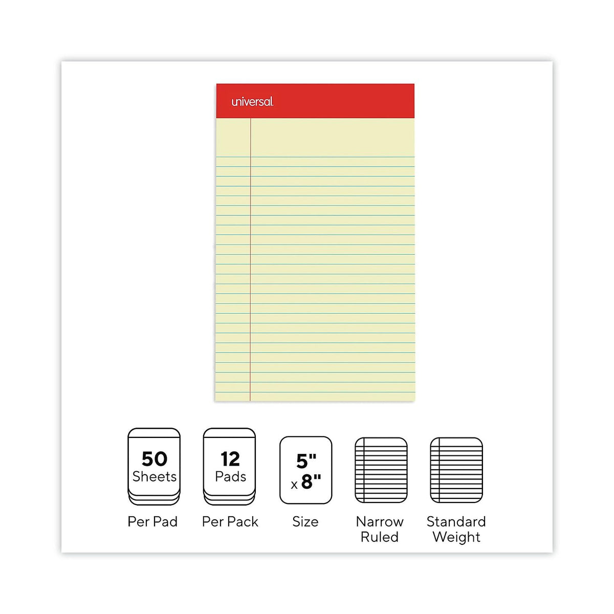 Universal 46200 Perforated Edge Writing Pad, Narrow Rule, 5 x 8, Canary, 50 Sheet (Pack of 12)