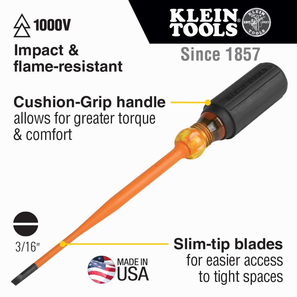 Klein Tools 6916INS 1000V Slim Tip Insulated Screwdriver, Made in USA, Screwdriver with 6-Inch Round Shank, 3/16-Inch Cabinet Tip, Cushion Grip Handle