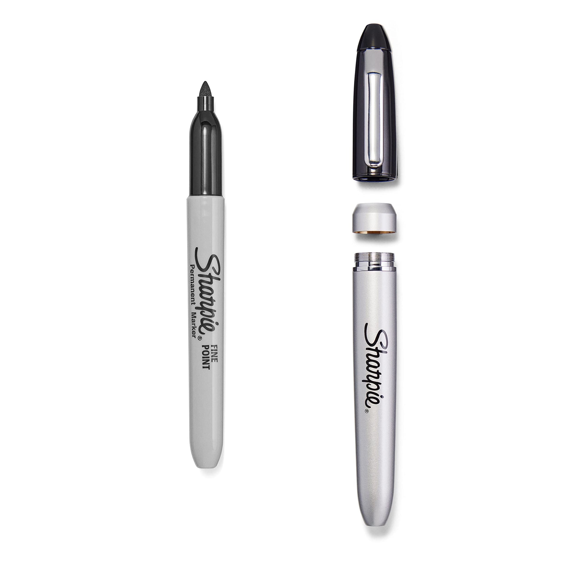 Sharpie Permanent Markers with Stainless Steel Marker Case Fine Point Black 6 Count