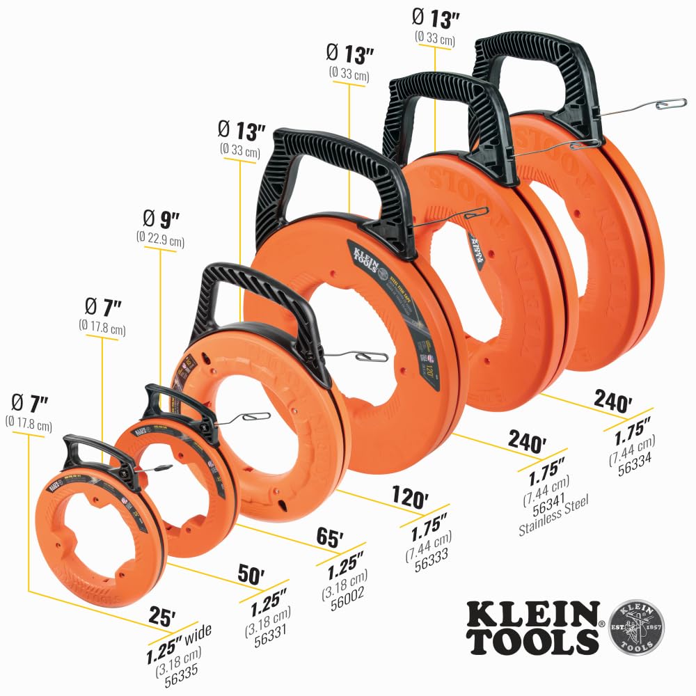 Klein Tools 56333 Electrical Fish Tape, Steel Wire Puller with Double Loop Tip, Optimized Housing and Handle, 1/8-Inch x 120-Foot