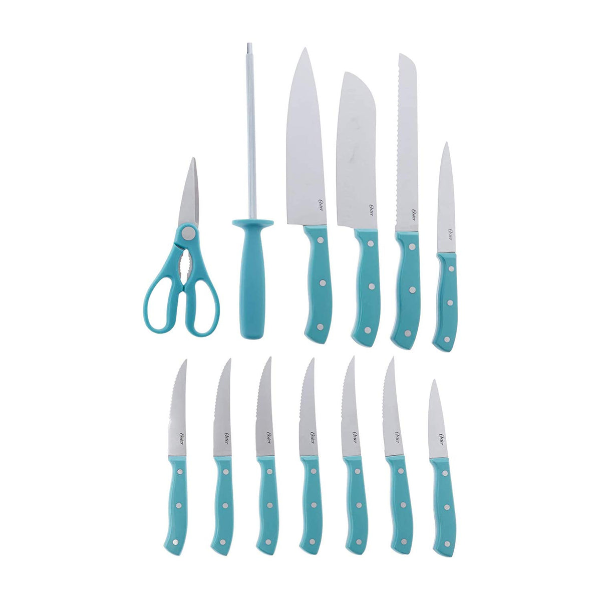 Oster Evansville 14 Piece Cutlery Set, Stainless Steel with Turquoise Handles -