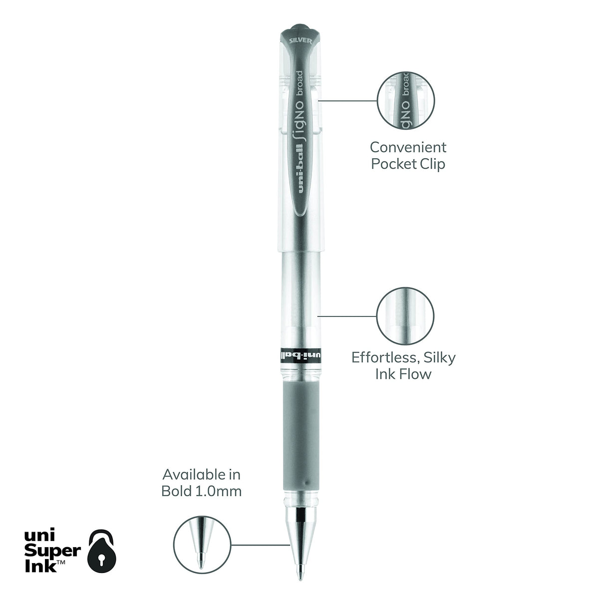 uniball Impact Gel Pen, Stick, Medium 1 Mm, Silver Metallic Ink, Silver Barrel