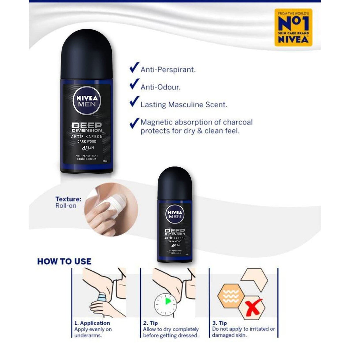 Nivea For Men Deodorant Roll-On Dimension - Dark Wood Anti Perspirant, 48h 1.7oz/50ml (Pack of 3)