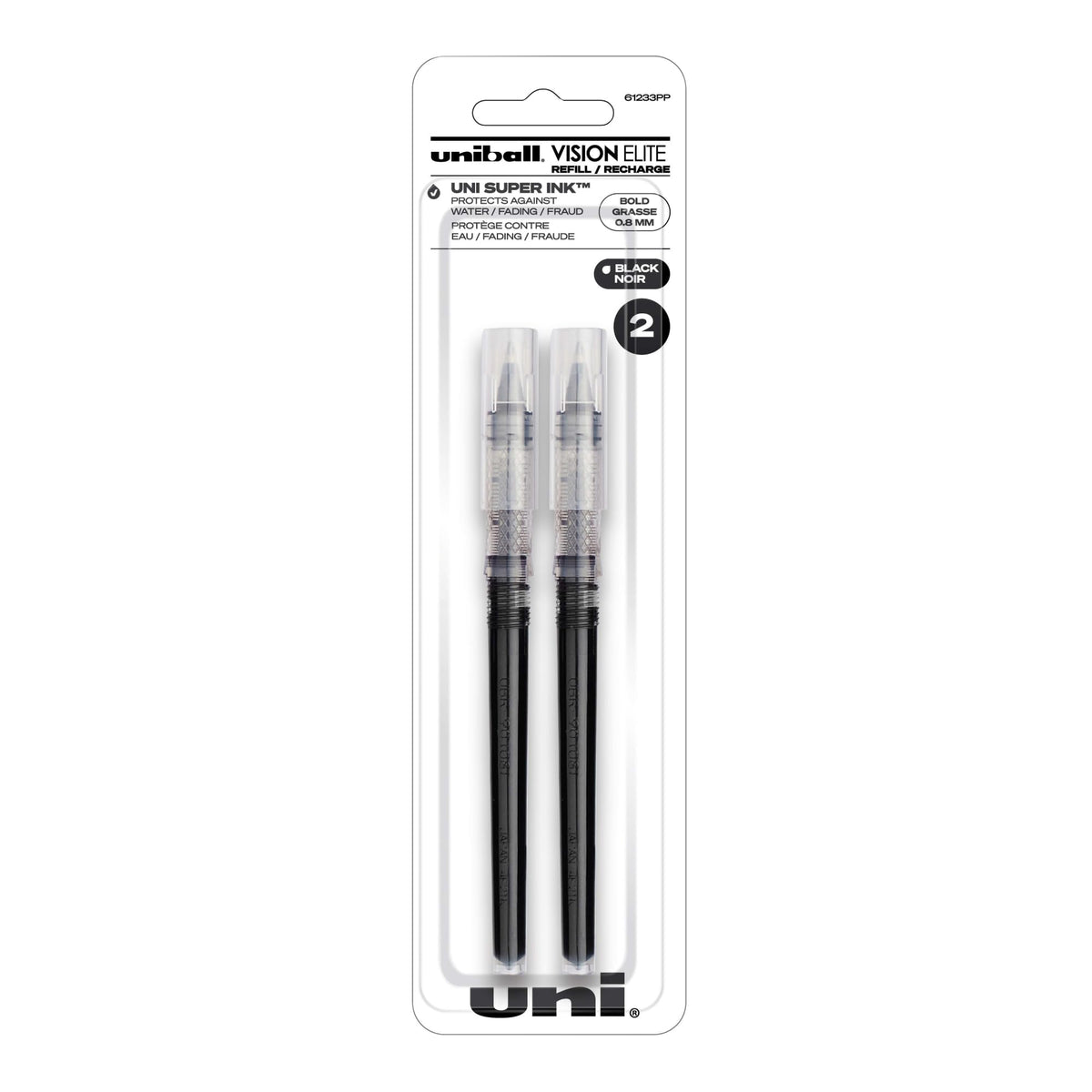 uniball Refill For Vision Elite Roller Ball Pens, Bold Conical Tip, Black Ink, 2/pack
