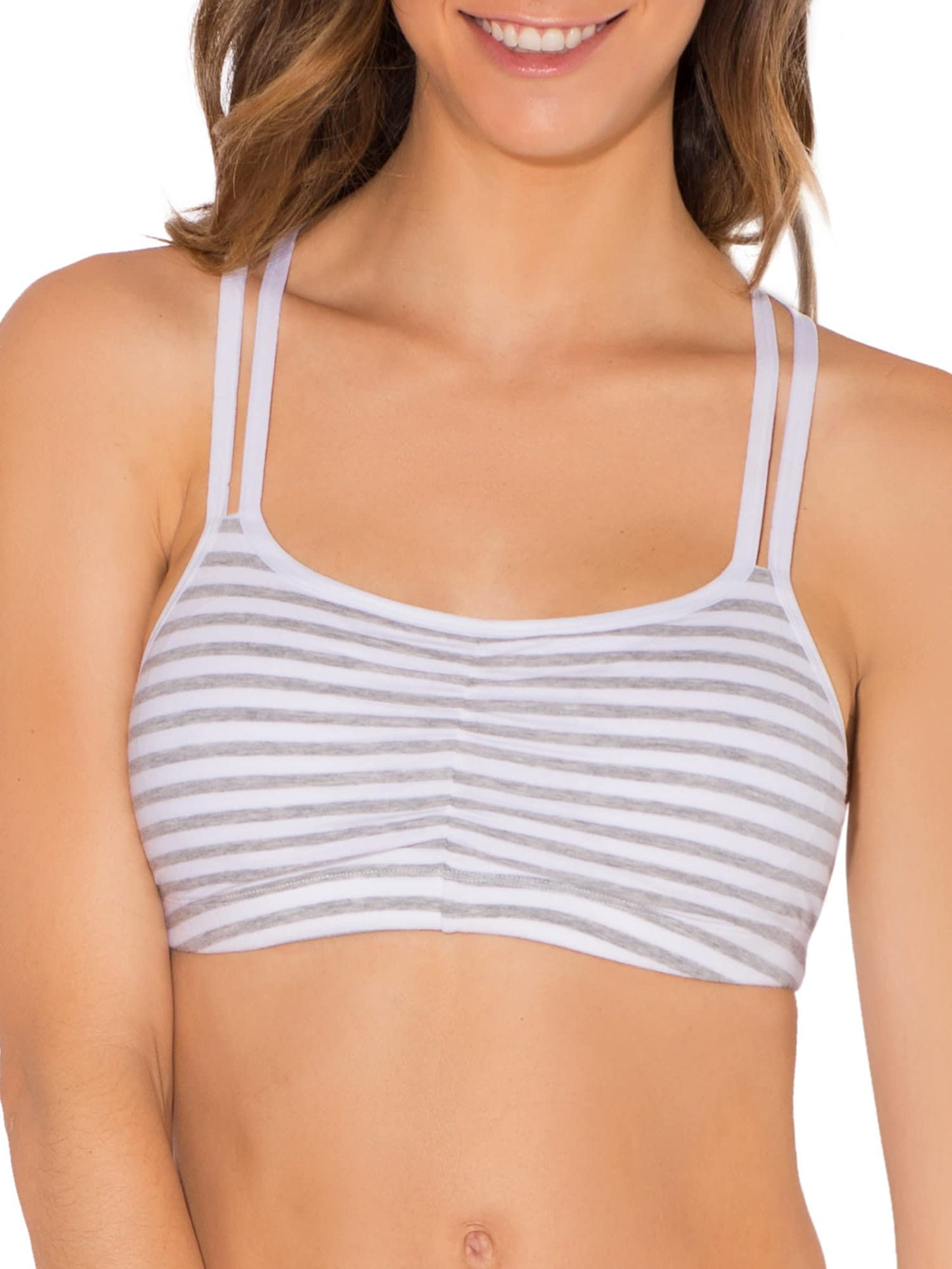 Fruit of The Loom Womens Spaghetti Strap Cotton Pull Over 3 Pack Sports Bra, Skinny Stripe/White/Blushing Rose, 38