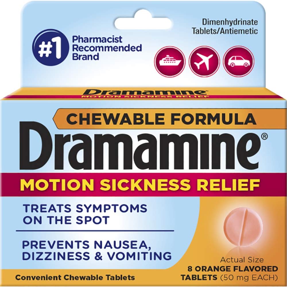 Dramamine Motion Sickness Relief Chewable Tablets, Orange Flavored, 8 Count (Pack of 4)