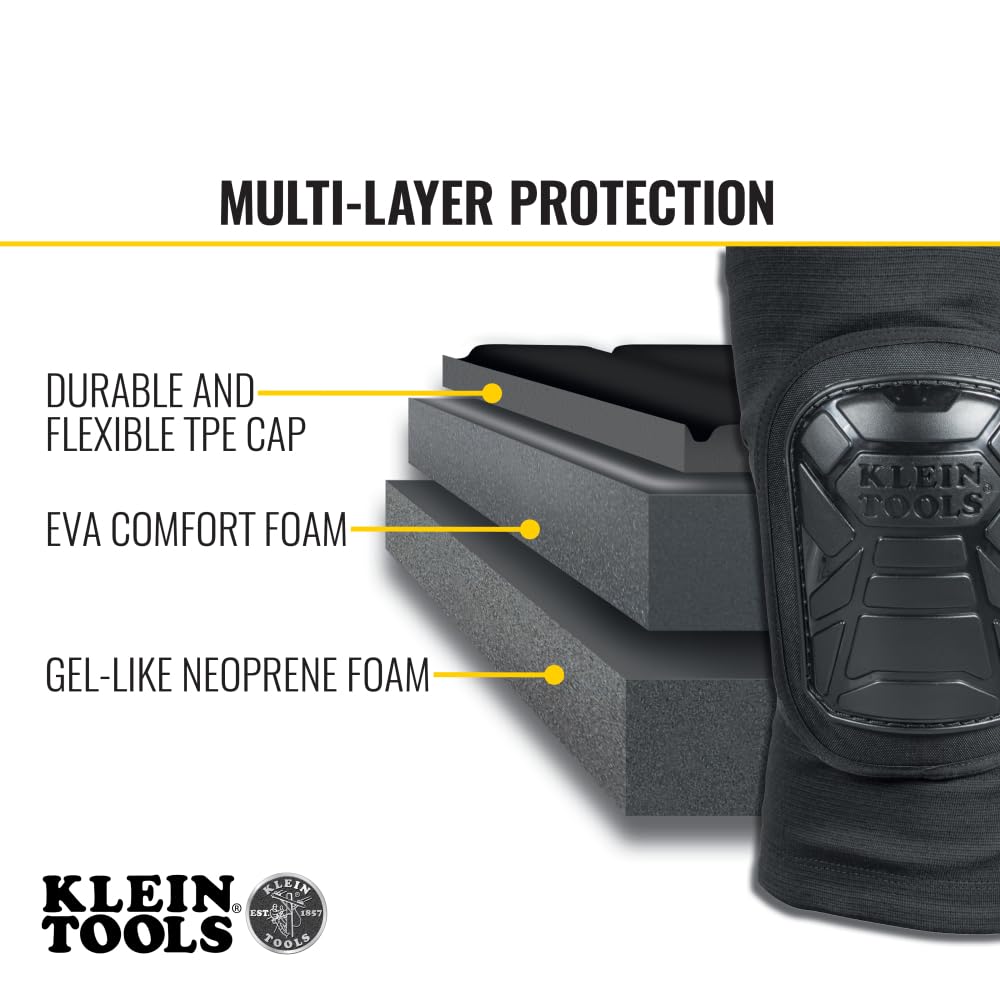 Klein Tools 60850 Tough-Flex Knee Sleeves for Work, Construction, Low-Profile Sleeve with Zipper, Gel-Like Foam, Black, XL/XXL