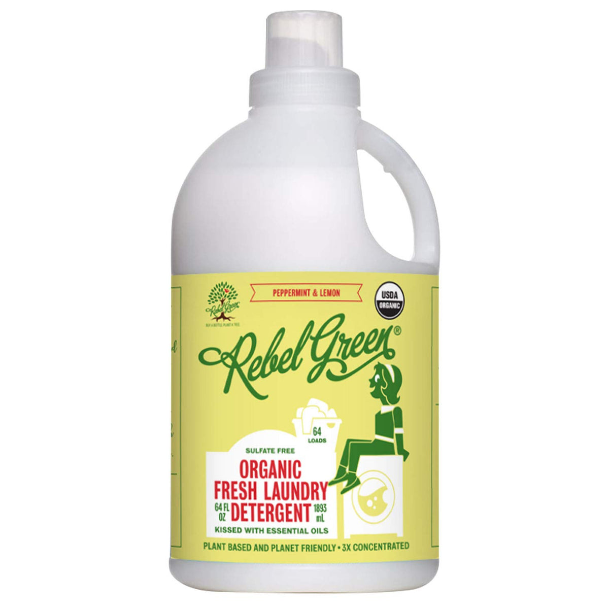Rebel Green Peppermint & Lemon Scent Liquid Laundry Detergent, Hypoallergenic, 64 Fluid Ounces (Pack Of 4)