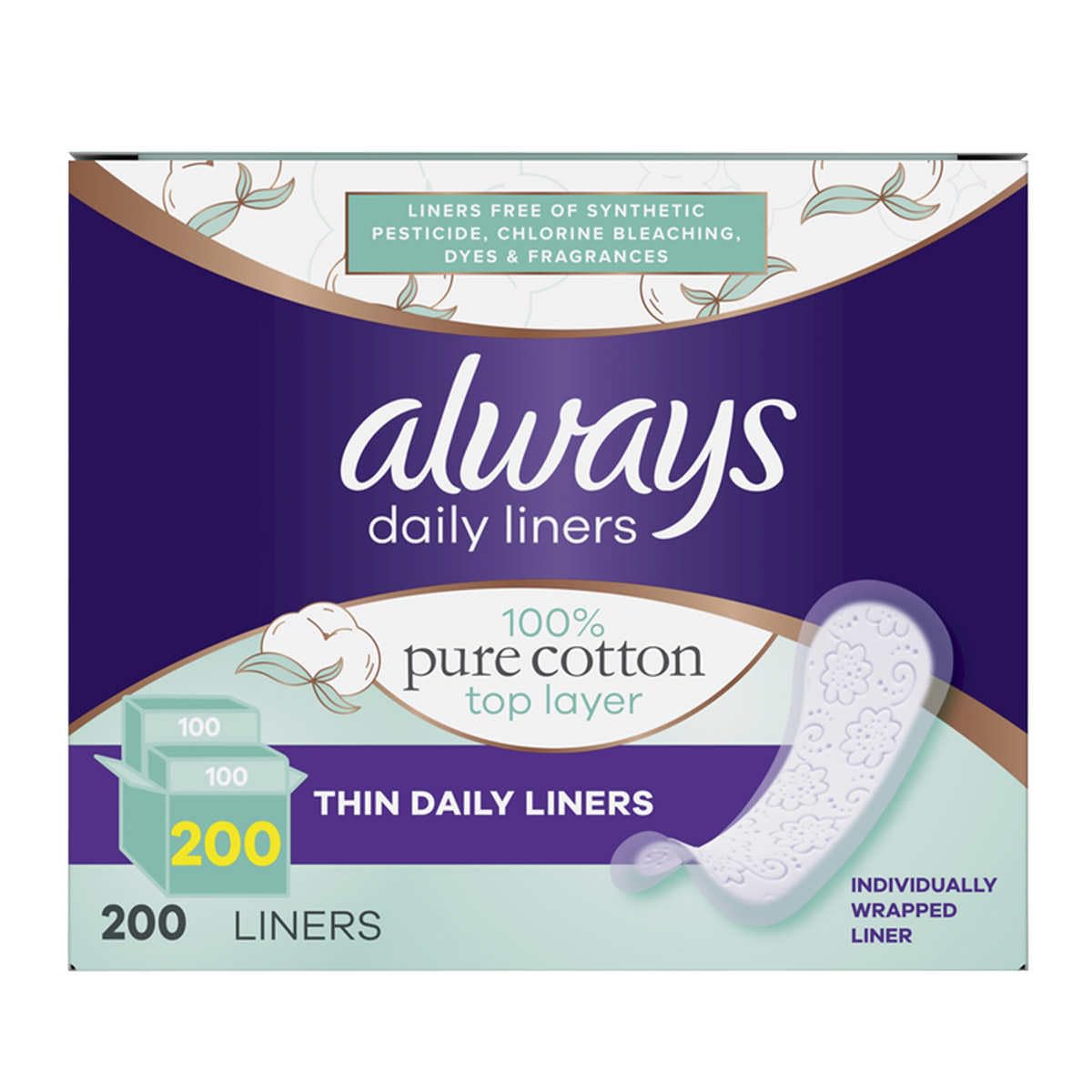 Always Pure Cotton Liner, 200 Count
