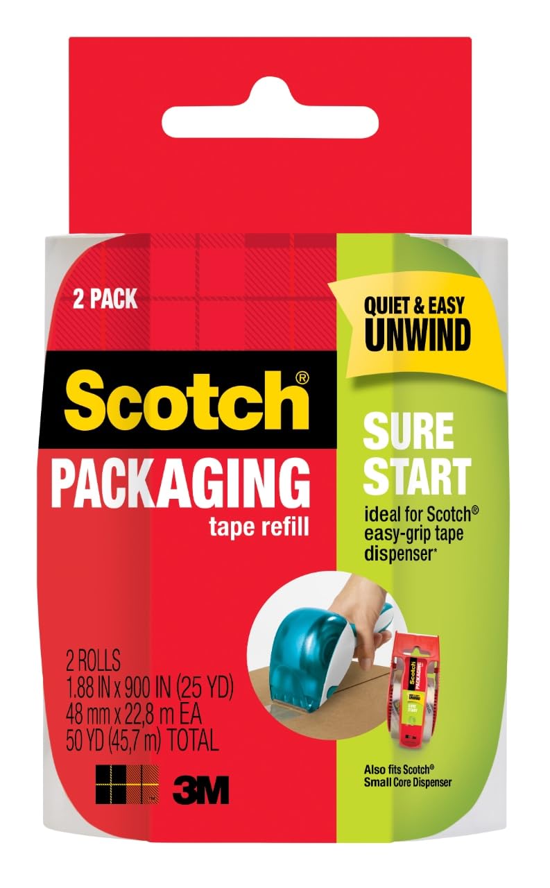 Scotch Sure Start Shipping Packaging Tape, 1.88" x 25 yd, Designed for Packing, Shipping and Mailing, Quiet Unwind, No Splitting or Tearing, 1.5" Core, Clear, 2 Rolls (DP-1000-RR-2)
