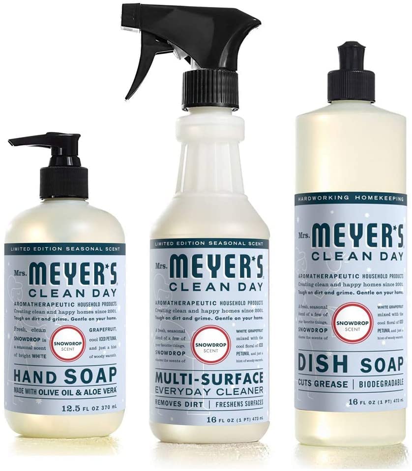 Mrs. MEYER'S Snow Drop Kitchen Set, Dish Soap Hand Soap Multi-Surface Cleaner, 3 CT