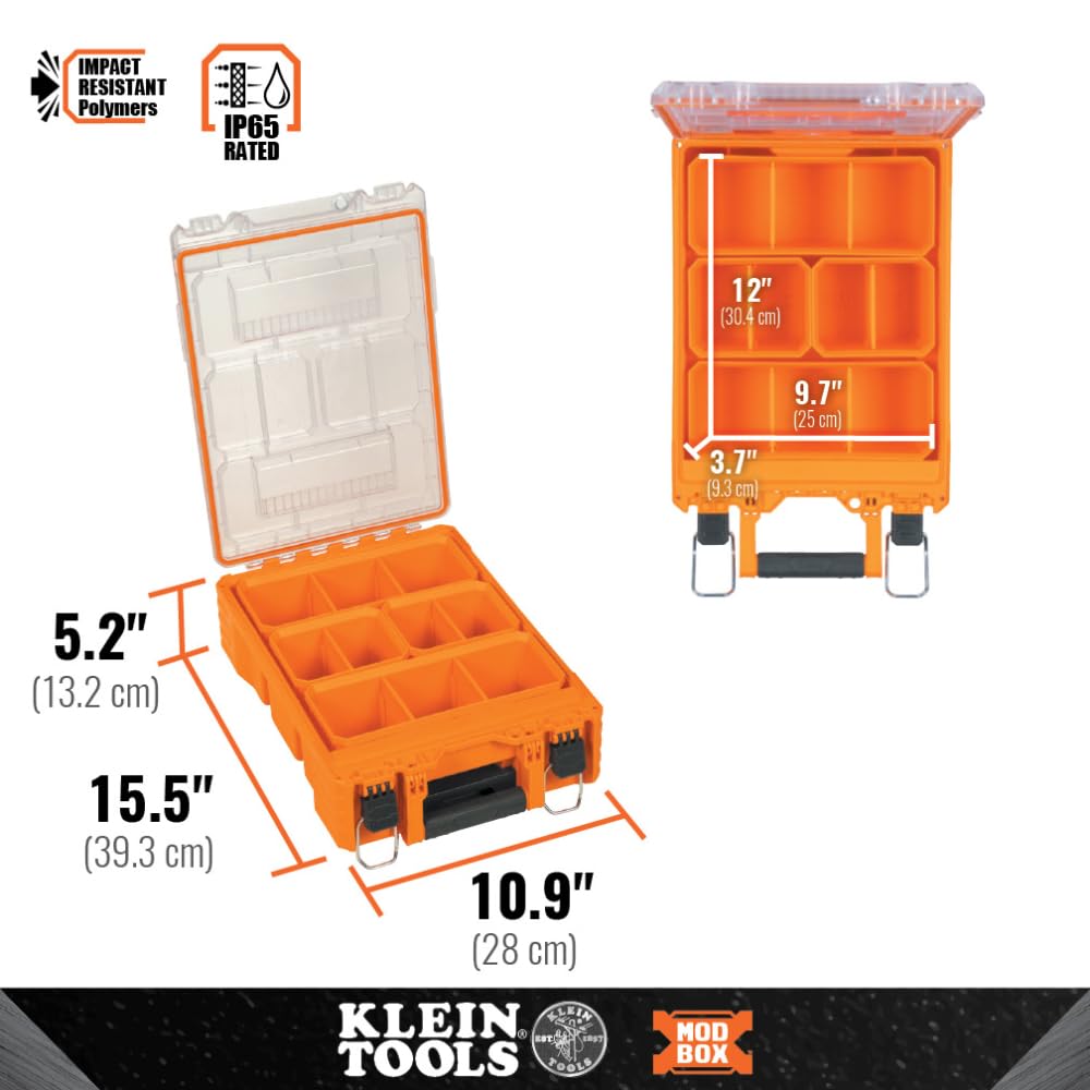 Klein Tools 54808MB MODbox Tall Compartment Box, Half-Width Tool Organizer, Small Parts Tool Box with 10 Compartments, 4 Removable Bins, Stackable Module