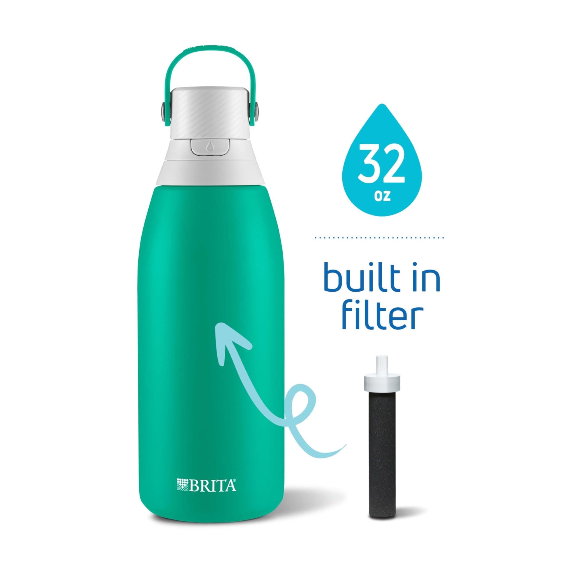 Brita Insulated Filtered Water Bottle with Straw, Reusable, Stainless Steel Metal, Jade, 32 Ounce