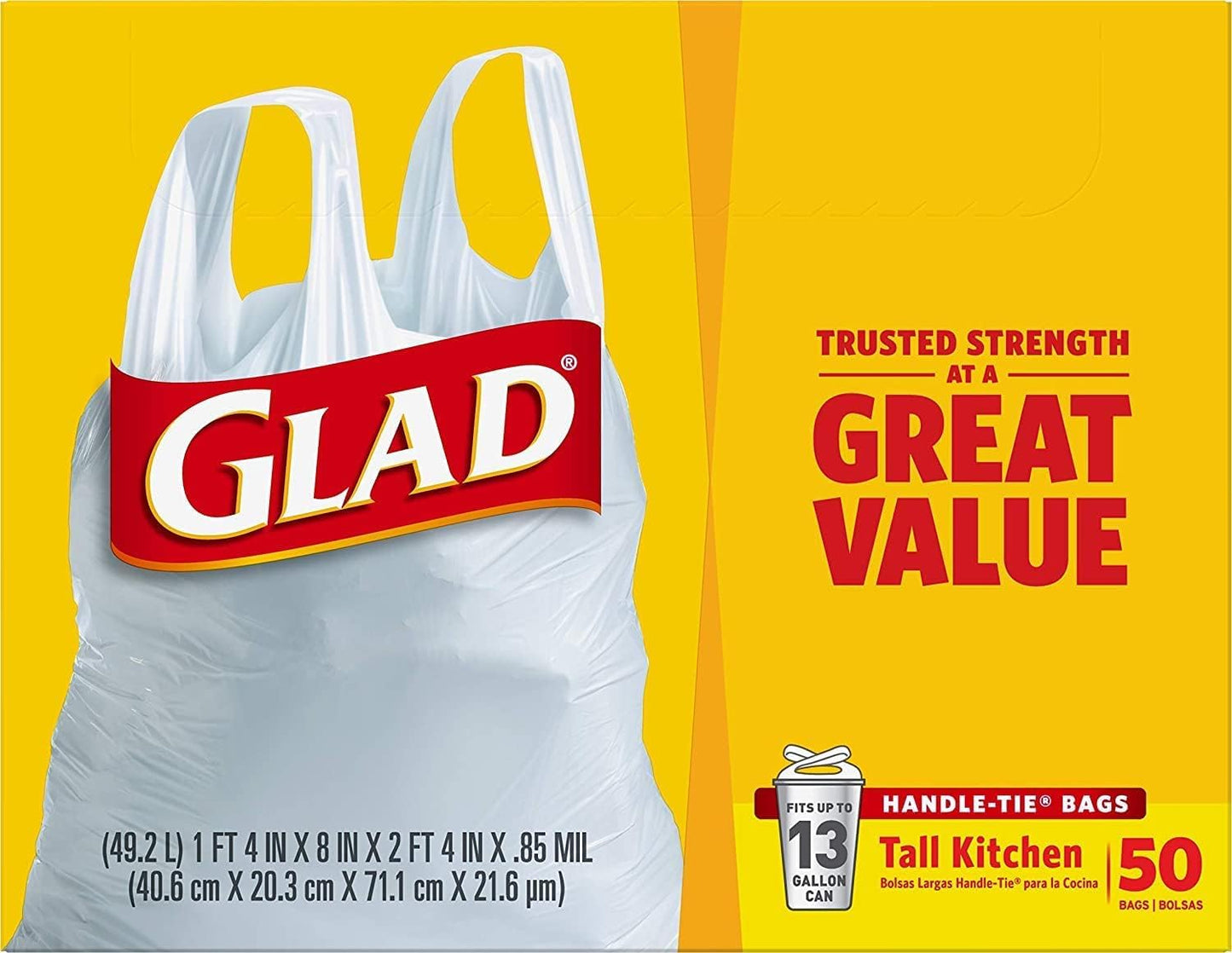 Glad Tall Kitchen Handle-Tie Trash Bags 13 Gallon White 50.0 ea (pack of 2)