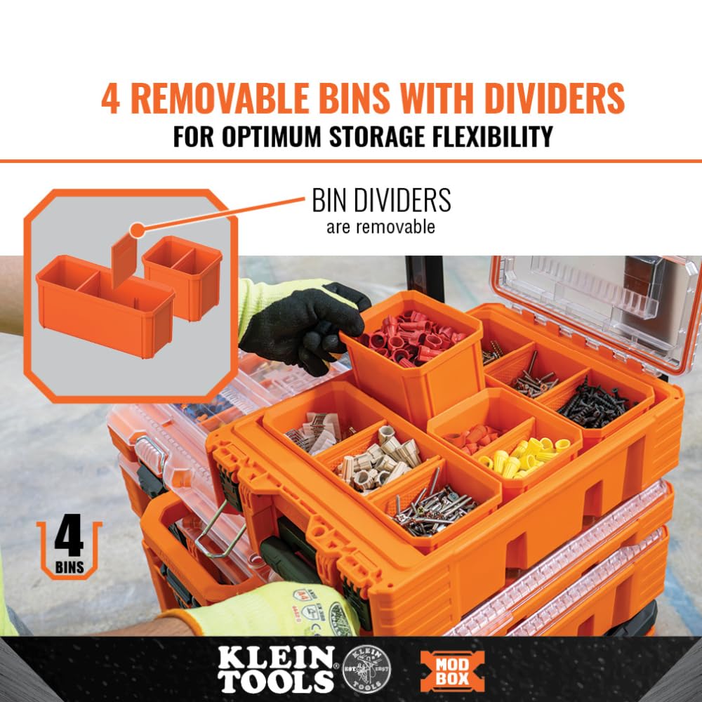 Klein Tools 54808MB MODbox Tall Compartment Box, Half-Width Tool Organizer, Small Parts Tool Box with 10 Compartments, 4 Removable Bins, Stackable Module