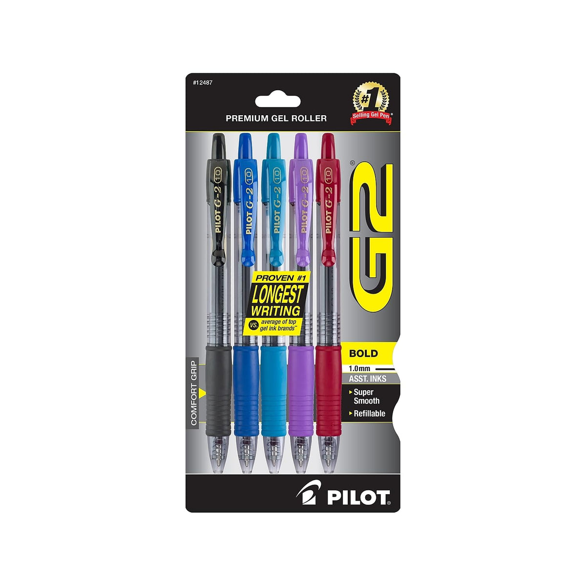 Pilot G2 Retractable Gel Pens, Bold Point, Assorted Ink, 5/Pack (G21C5002/12487)