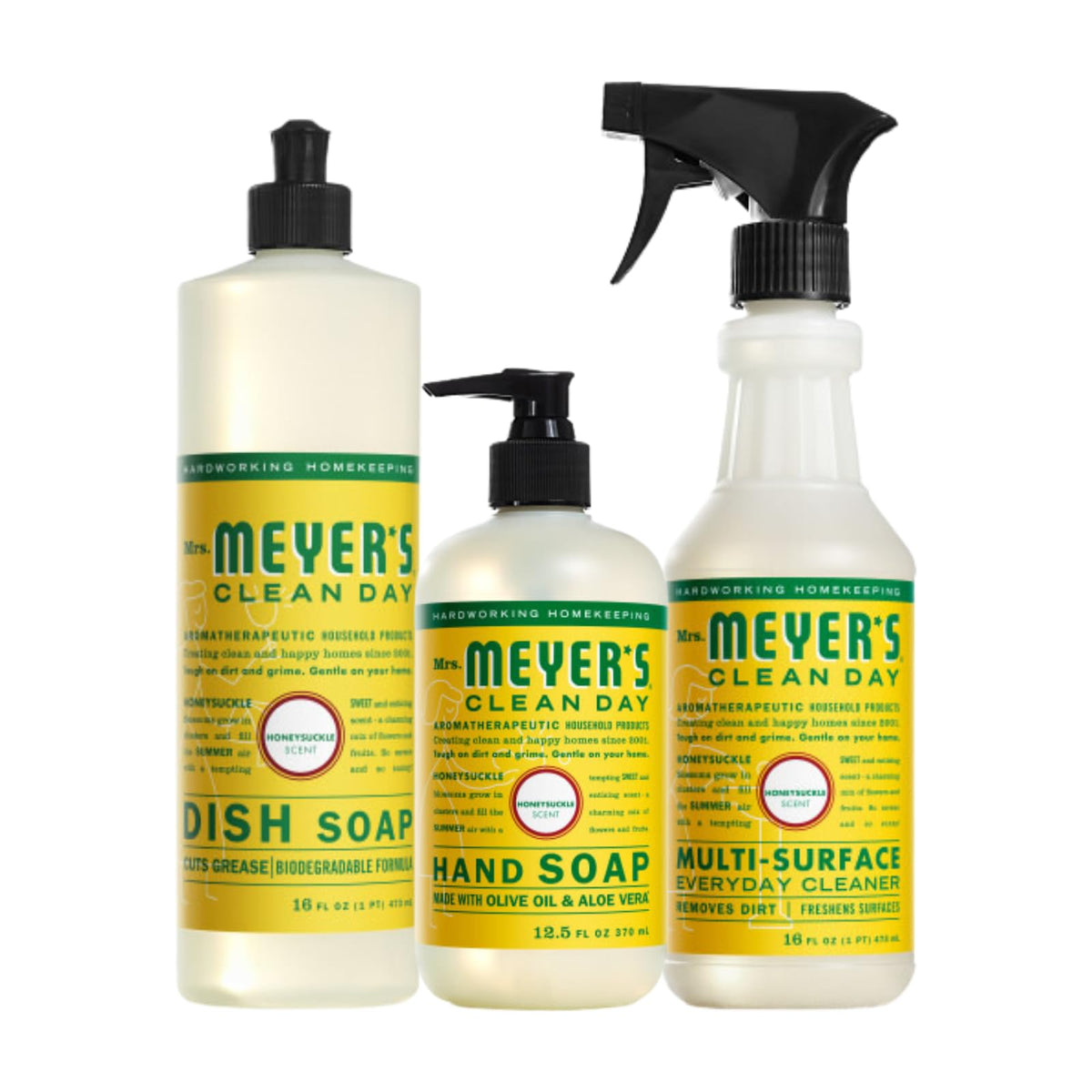 Mrs. MEYER'S Kitchen Set, Dish Soap, Hand Soap, and Multi-Surface Cleaner, 3 CT (Honeysuckle)