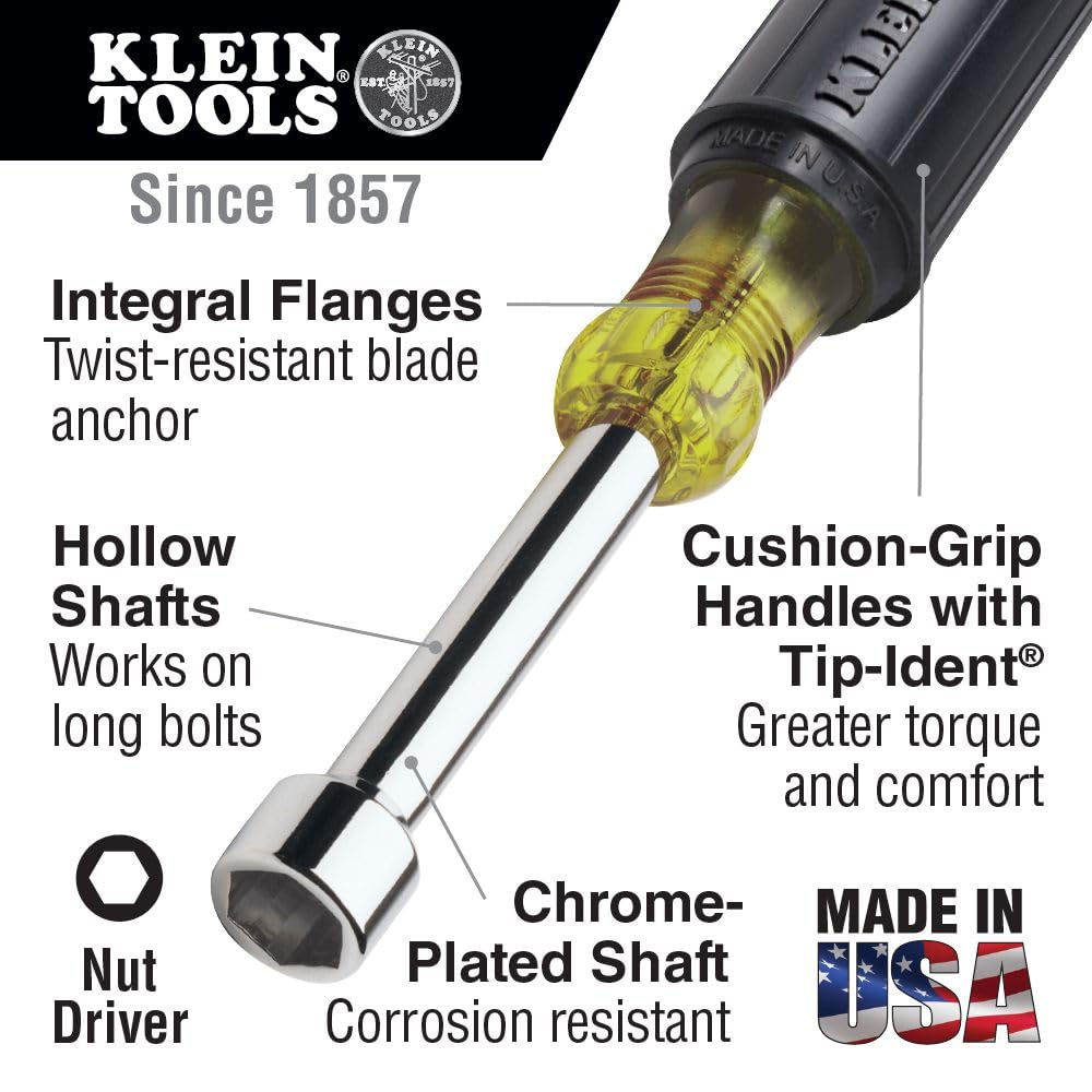 Klein Tools 646-3/8 3/8-Inch Nut Driver, Made in USA, 6-Inch Hollow Shaft and Cushion Grip Handle