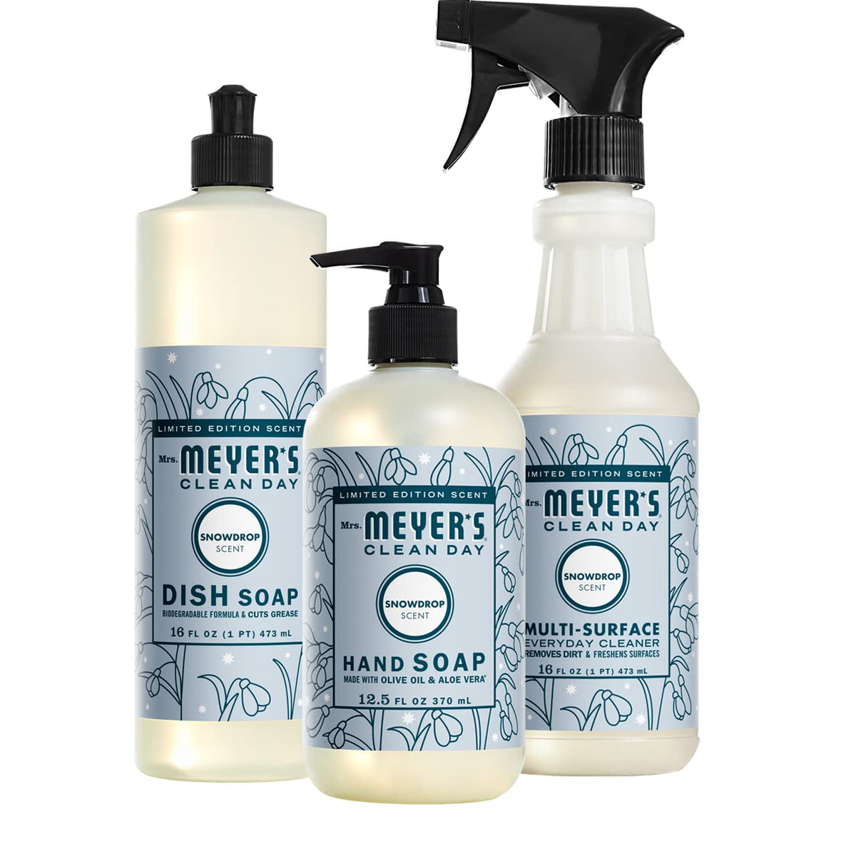 Mrs. MEYER'S Kitchen Set, Dish Soap, Hand Soap, and Multi-Surface Cleaner, 3 CT (Snowdrop)