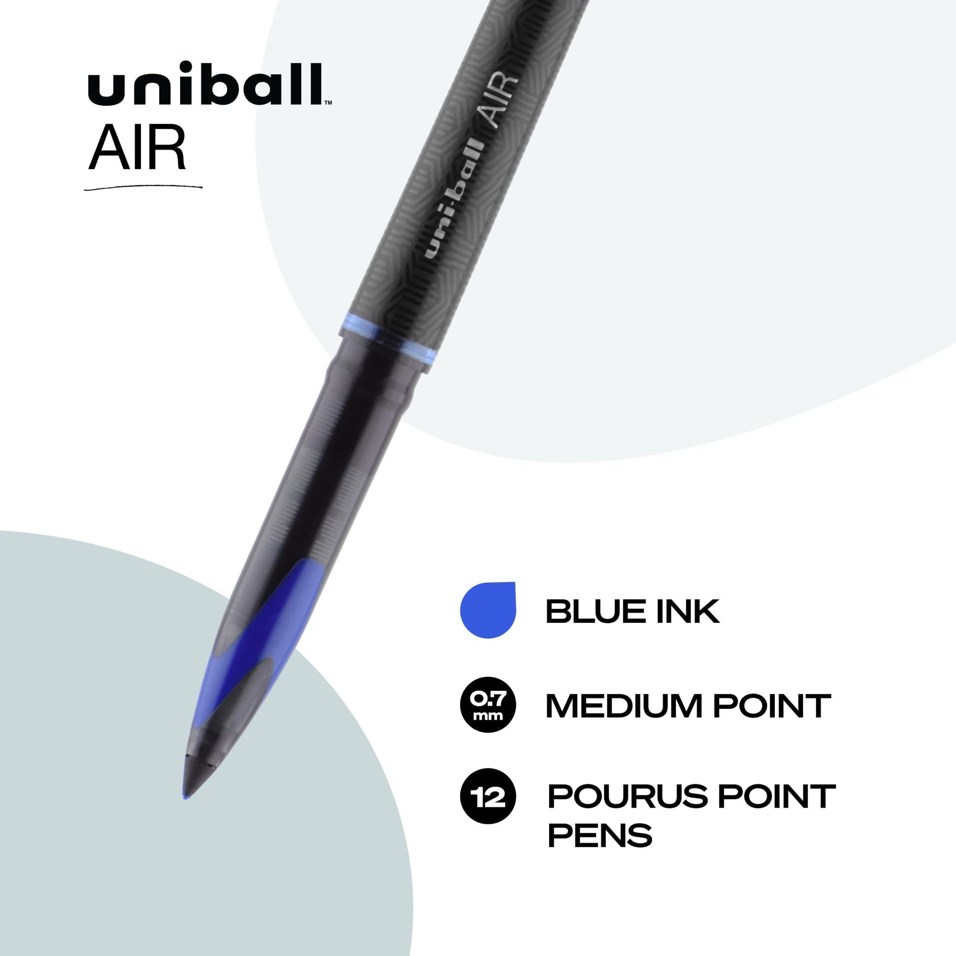 uniball Air Porous Roller Ball Pen, Stick, Medium 0.7 Mm, Blue Ink, Black Barrel, Dozen