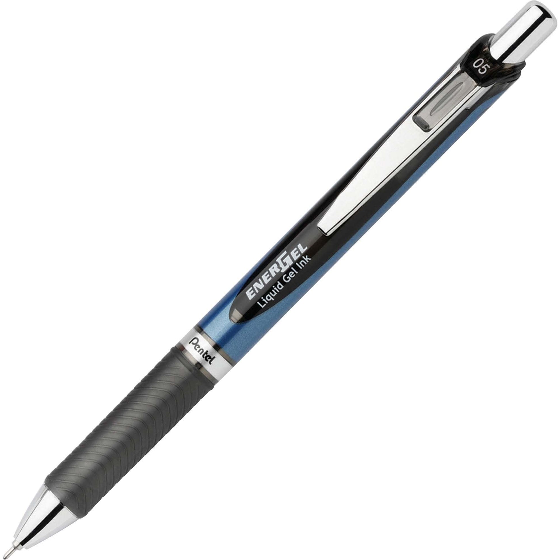 Pentel® EnerGel™ Deluxe RTX Retractable Liquid Gel Pens, Fine Point, 0.5 mm, 54% Recycled, Blue Barrel, Black Ink, Pack Of 12 Pens
