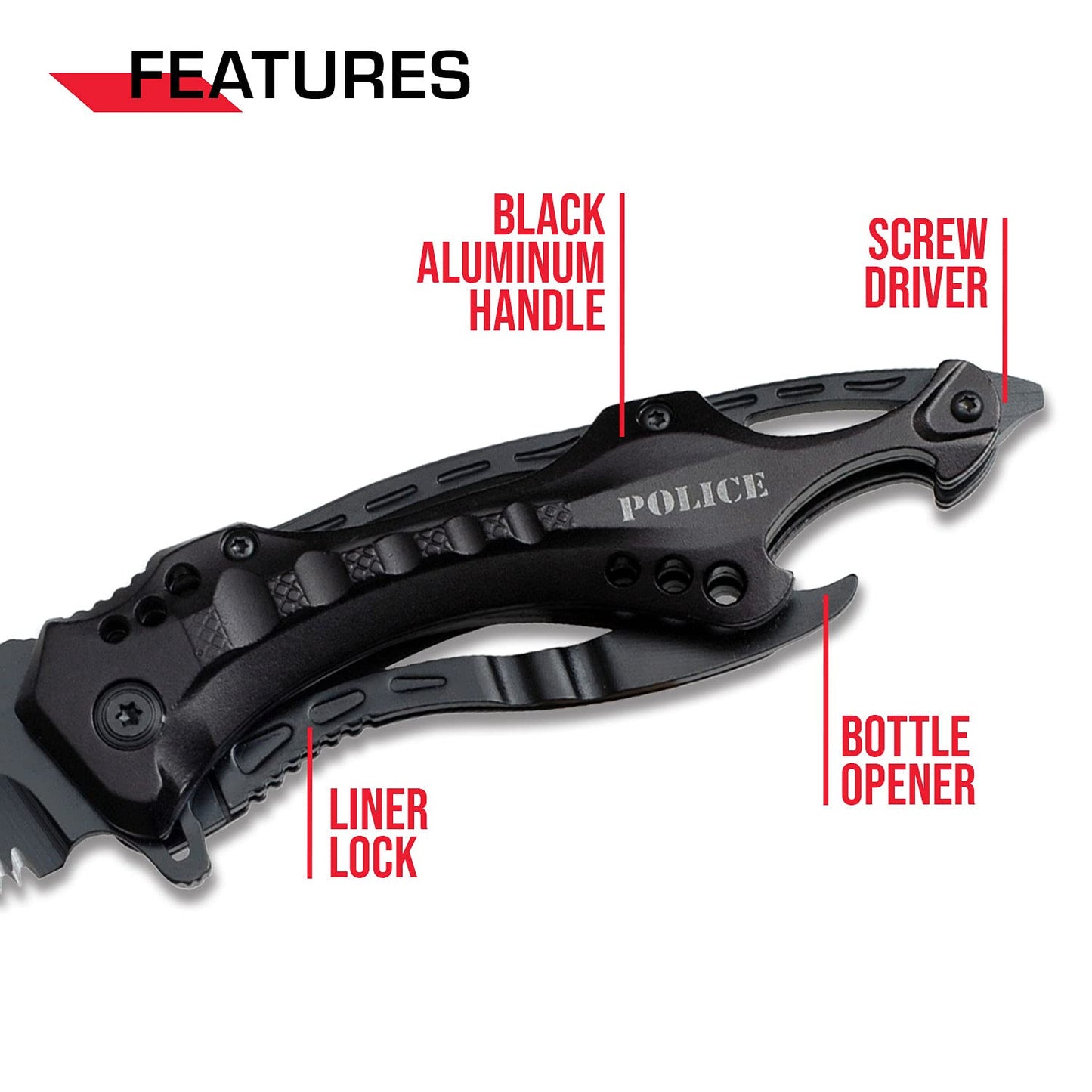 TAC Force- Spring Assisted Folding Pocket Knife â€“ Black Stainless Steel Blade with Black Aluminum Handle, Bottle Opener, Glass Punch and Pocket Clip, Tactical, EDC, Rescue - TF-705 , 3.25 inch blade