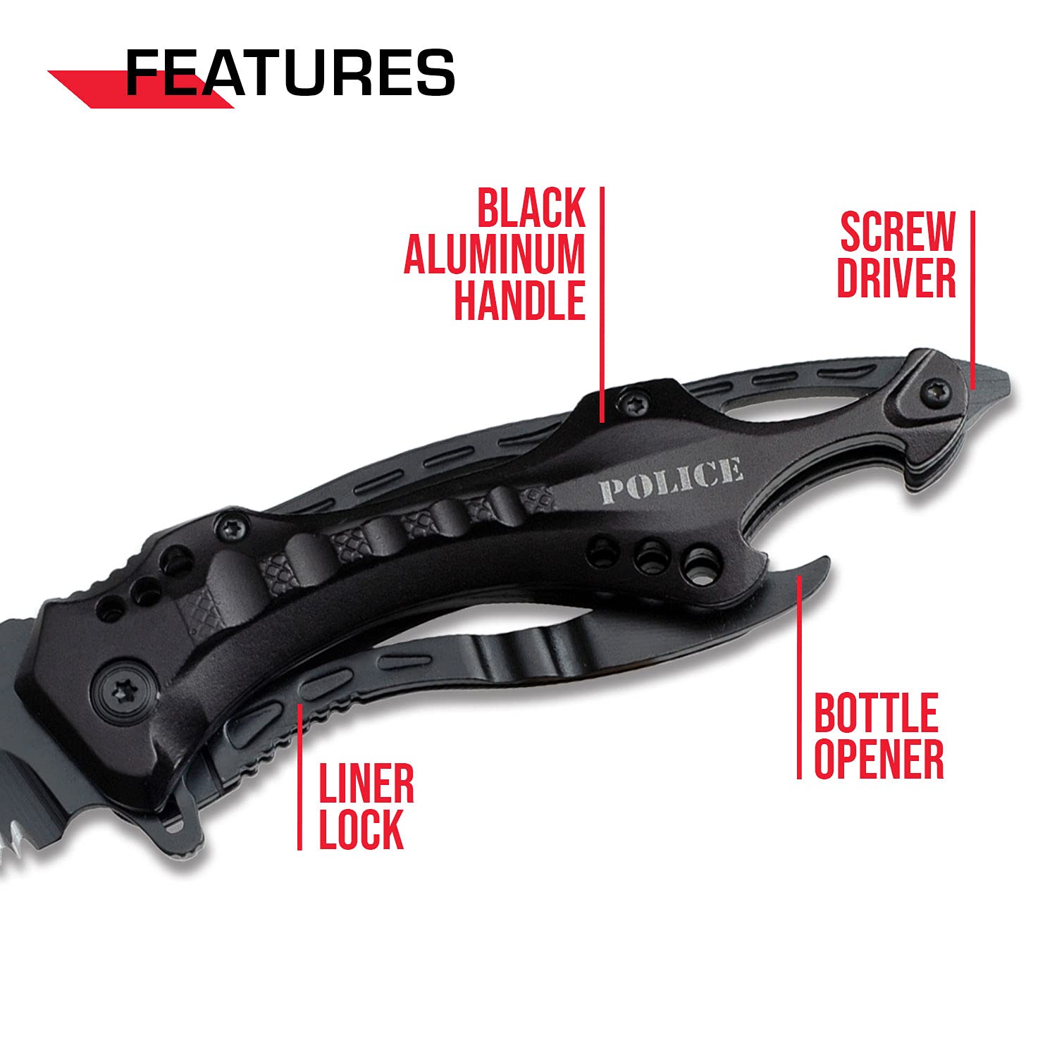 TAC Force- Spring Assisted Folding Pocket Knife â€“ Black Stainless Steel Blade with Black Aluminum Handle, Bottle Opener, Glass Punch and Pocket Clip, Tactical, EDC, Rescue - TF-705 , 3.25 inch blade