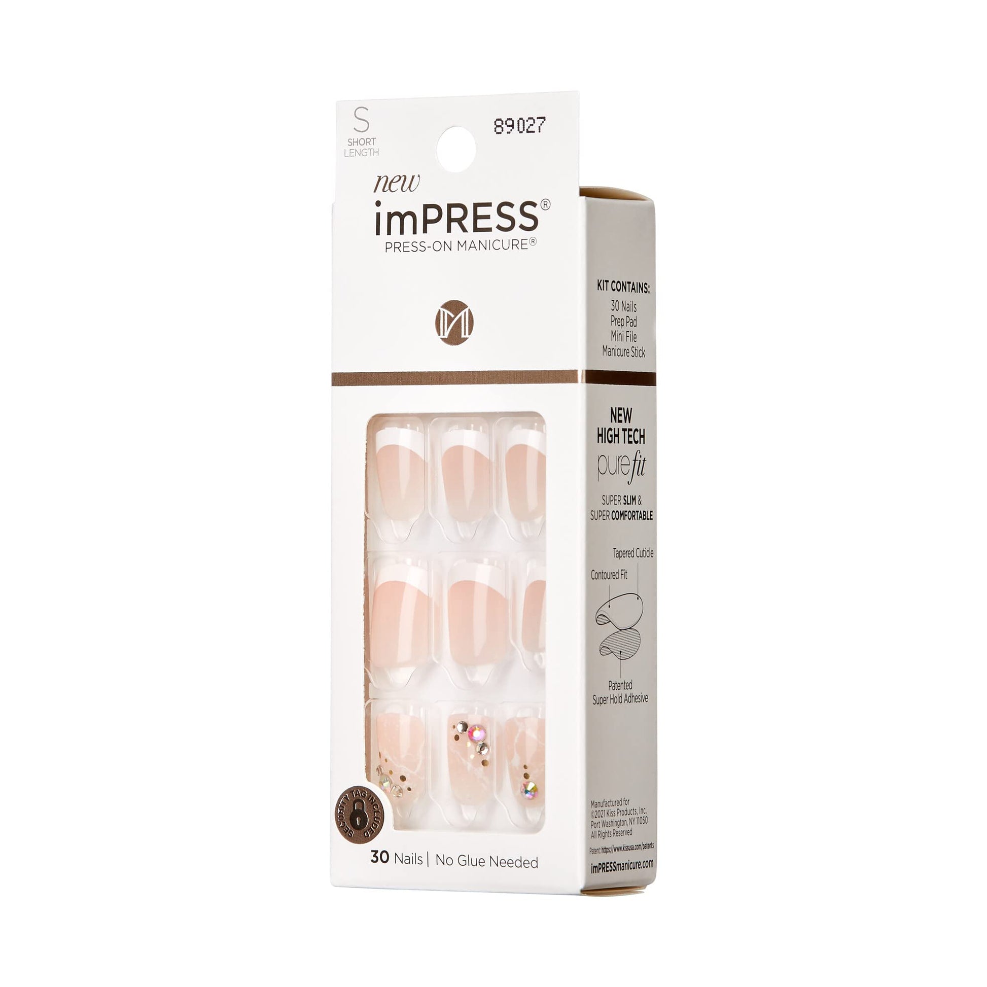 KISS imPRESS No Glue Mani Press On Nails, Design, 'My Worth', White, Short Size, Squoval Shape, Includes 30 Nails, Prep Pad, Instructions Sheet, 1 Manicure Stick, 1 Mini File