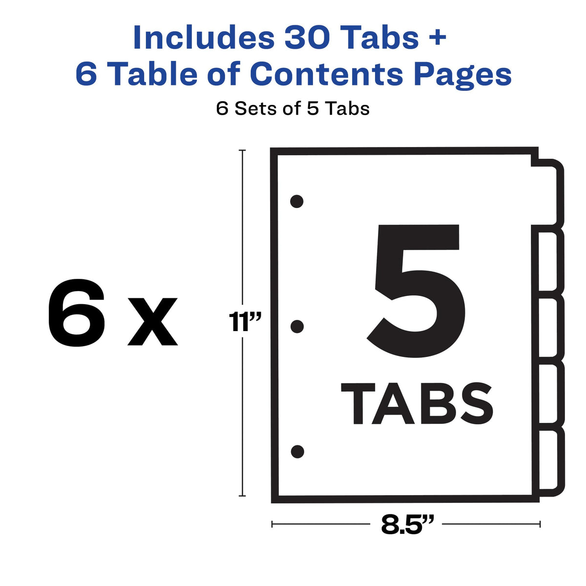 Avery 5 Tab Dividers for 3 Ring Binders, Customizable Table of Contents, Multicolor Tabs, 6 Sets (11187)
