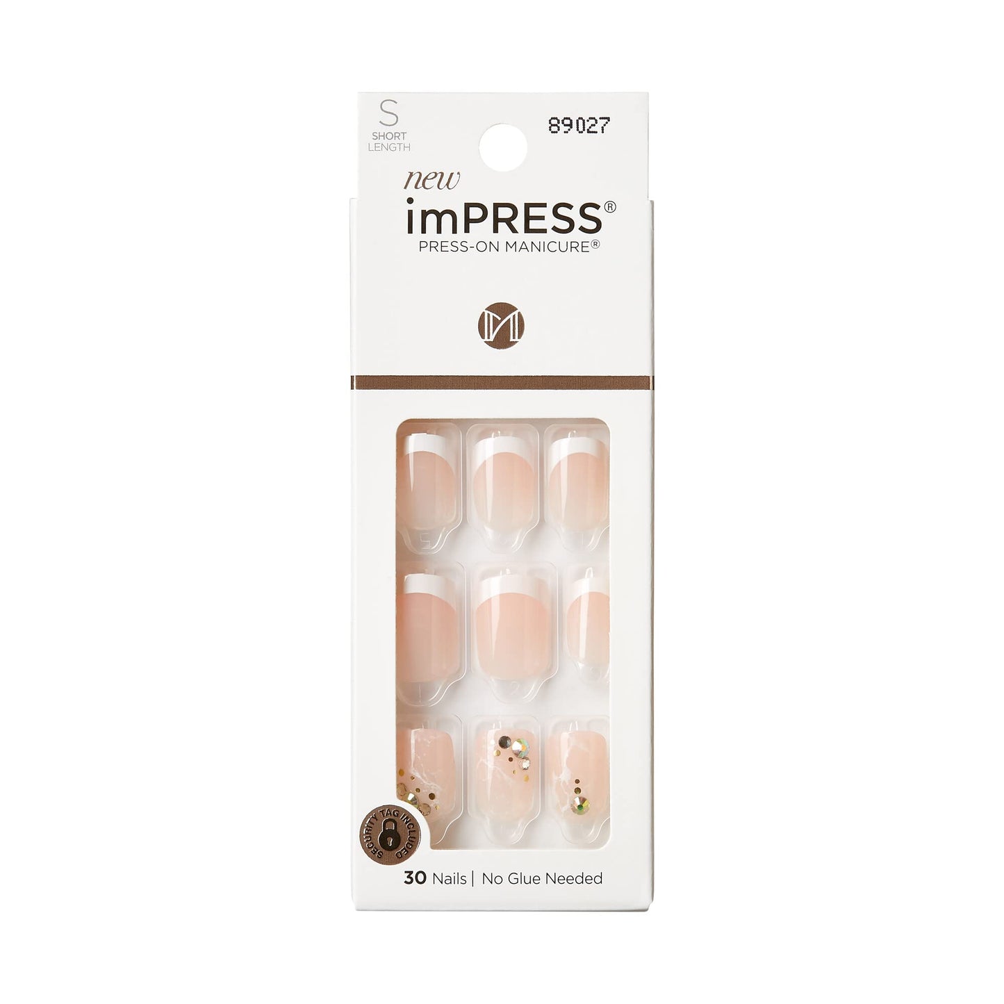 KISS imPRESS No Glue Mani Press On Nails, Design, 'My Worth', White, Short Size, Squoval Shape, Includes 30 Nails, Prep Pad, Instructions Sheet, 1 Manicure Stick, 1 Mini File