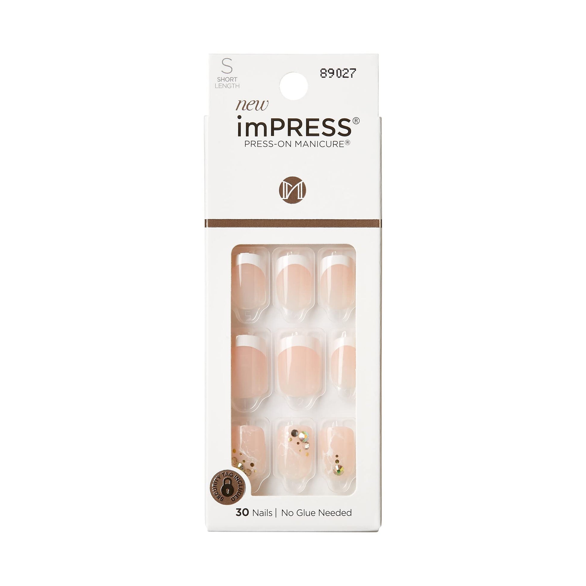 KISS imPRESS No Glue Mani Press On Nails, Design, 'My Worth', White, Short Size, Squoval Shape, Includes 30 Nails, Prep Pad, Instructions Sheet, 1 Manicure Stick, 1 Mini File