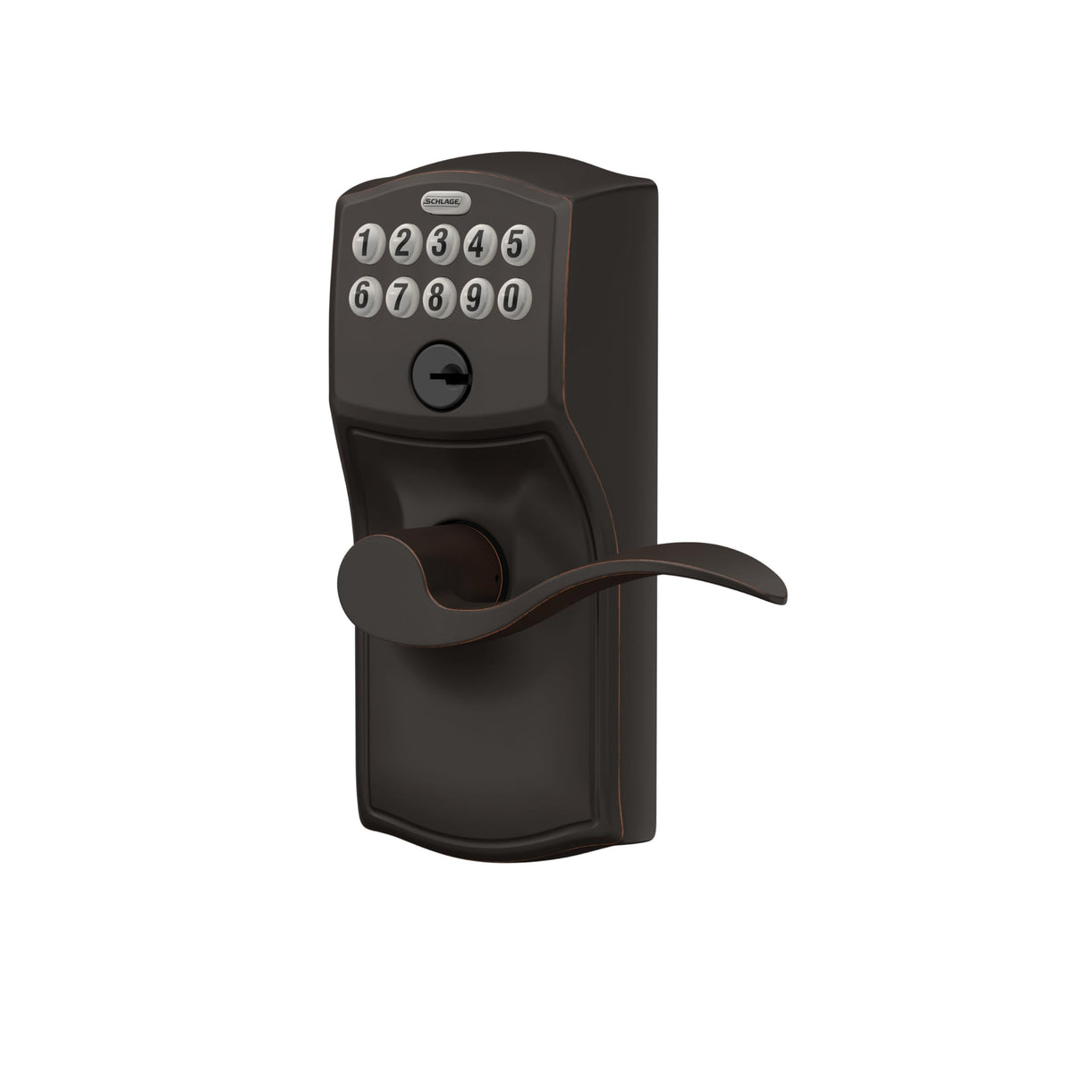 SCHLAGE FE595 CAM 716 ACC Camelot Keypad Entry with Flex-Lock and Accent Levers, Aged Bronze