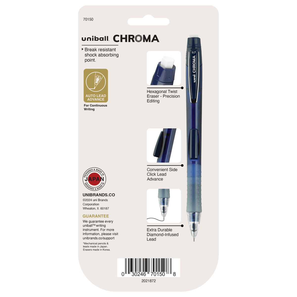 uniball Chroma Mechanical Pencil Woth Leasd and Eraser Refills, 0.7 Mm, Hb (#2), Black Lead, Assorted Barrel Colors, 4/Set