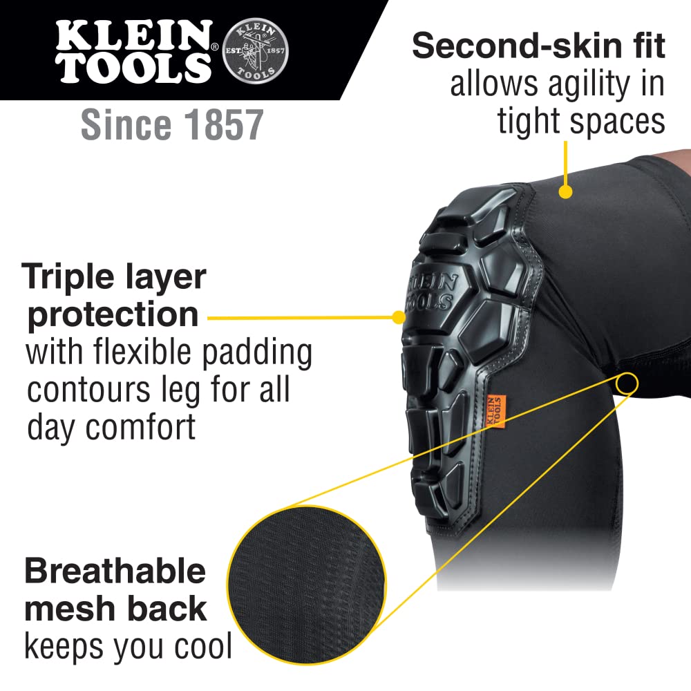Klein Tools 60615 Knee Pad, Heavy Duty Padded Knee Sleeves, Breathable Mesh Back, Elastic Cuff with Slip-Resistant Silicone, S/M, Black