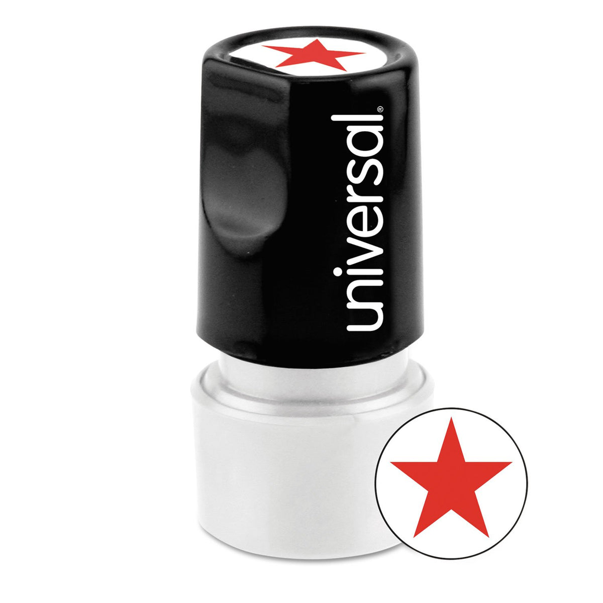 Universal UNV10081 Pre-Inked/Re-Inkable STAR Round Message Stamp - Red Ink