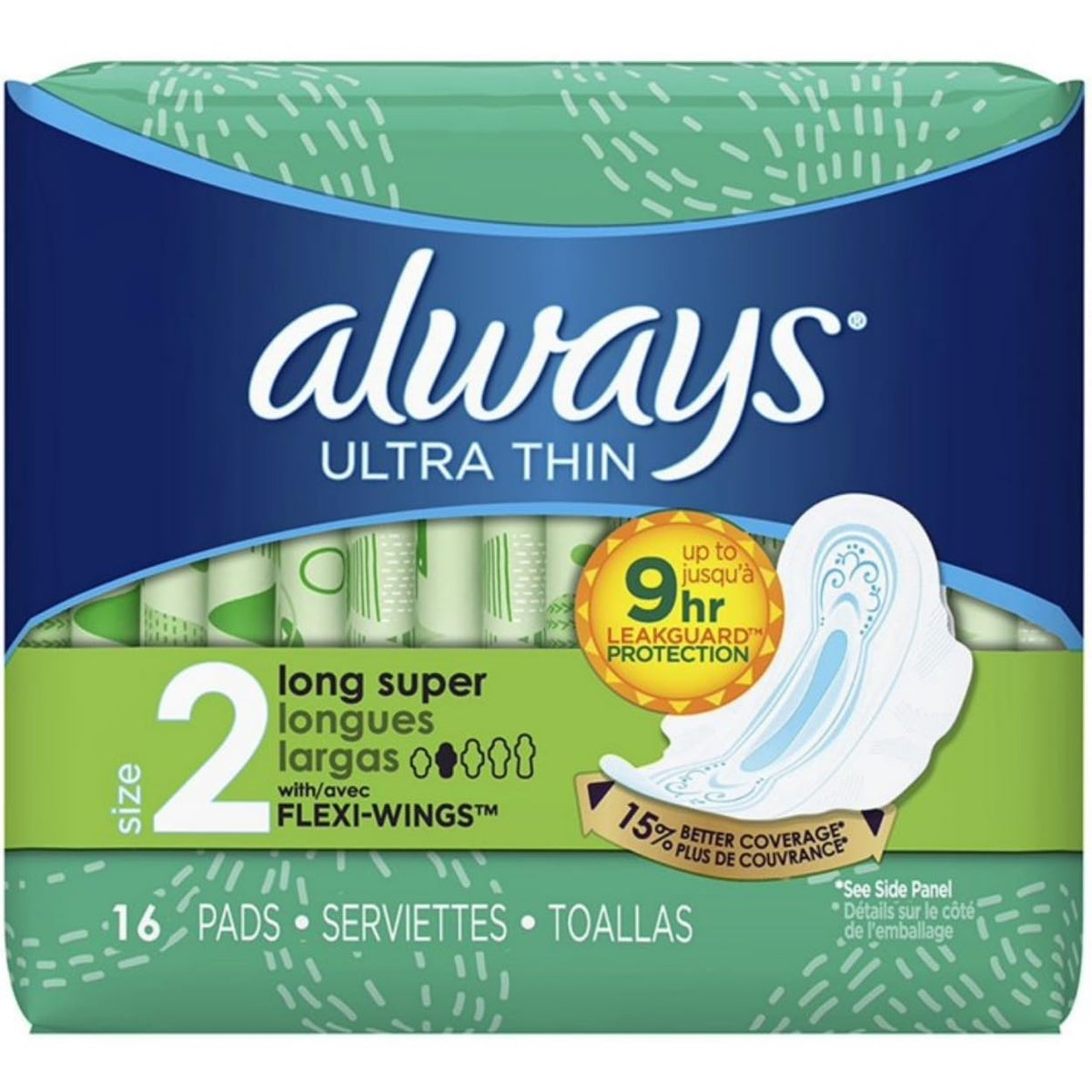Always Ultra Thin Long/Super With Wings Unscented Pads, White, 16 Count