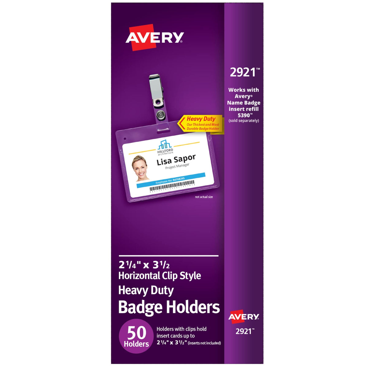 Avery Heavy Duty Badge Holders, 2.25" x 3.5", 50 Horizontal Name Badge Holders with Clips (2921)