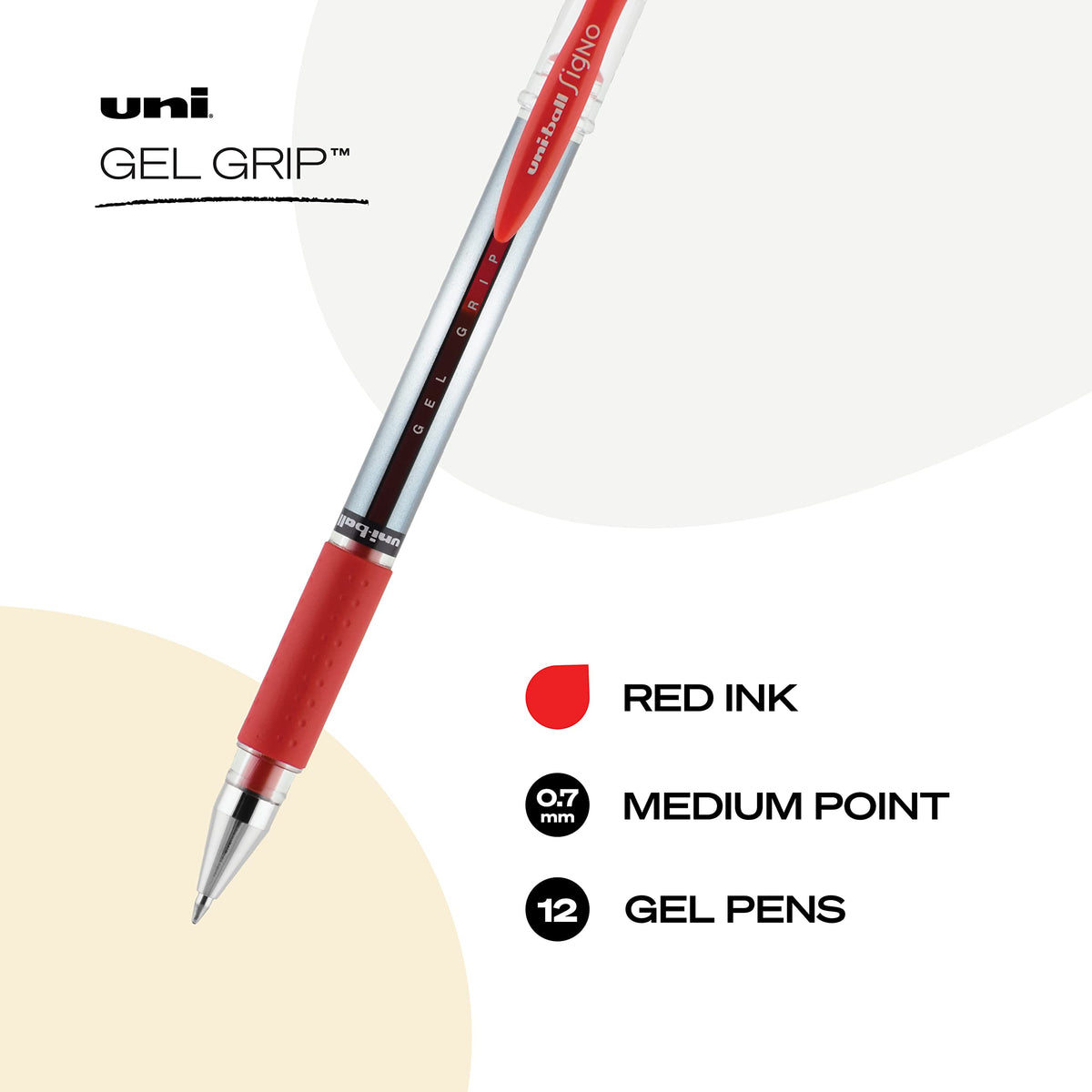 Uni-Ball 65452 Signo Gel Grip Roller Ball Stick Pen, Red Ink, Medium, Dozen