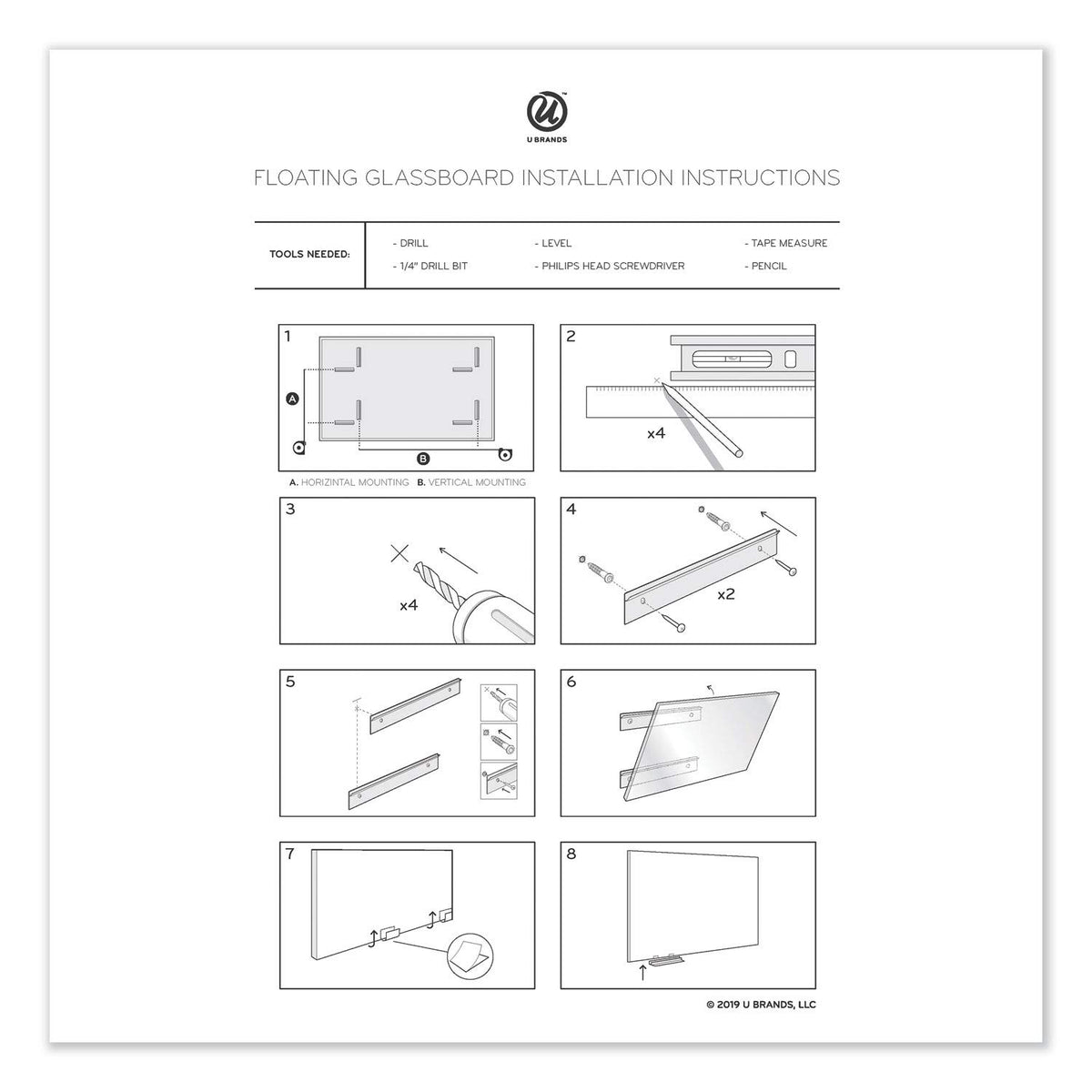 U Brands 3976U00-01 U Brands 3976U0001 Floating Glass Dry Erase Board, 36 x 36, White