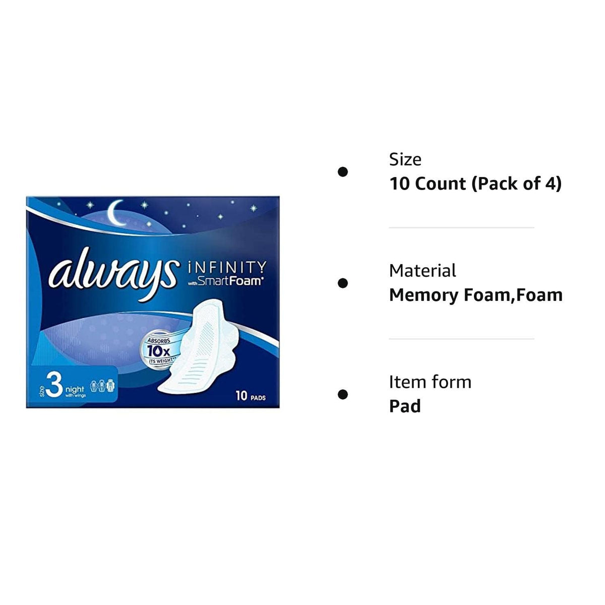 Always Infinity Night (Size 3) Sanitary Pads with Wings, 10 per Pack (Pack of 4)