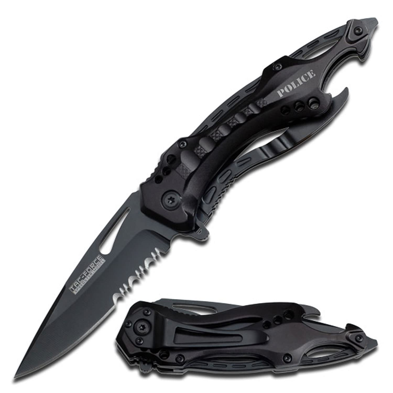 TAC Force- Spring Assisted Folding Pocket Knife â€“ Black Stainless Steel Blade with Black Aluminum Handle, Bottle Opener, Glass Punch and Pocket Clip, Tactical, EDC, Rescue - TF-705 , 3.25 inch blade