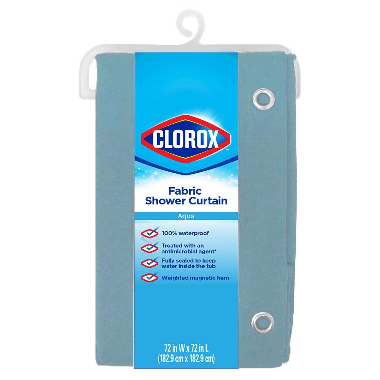 Clorox Treated Polyester Fabric Shower Curtain 70"x72" Light Blue Aqua with Weighted Magnetic Hem, Machine Washable
