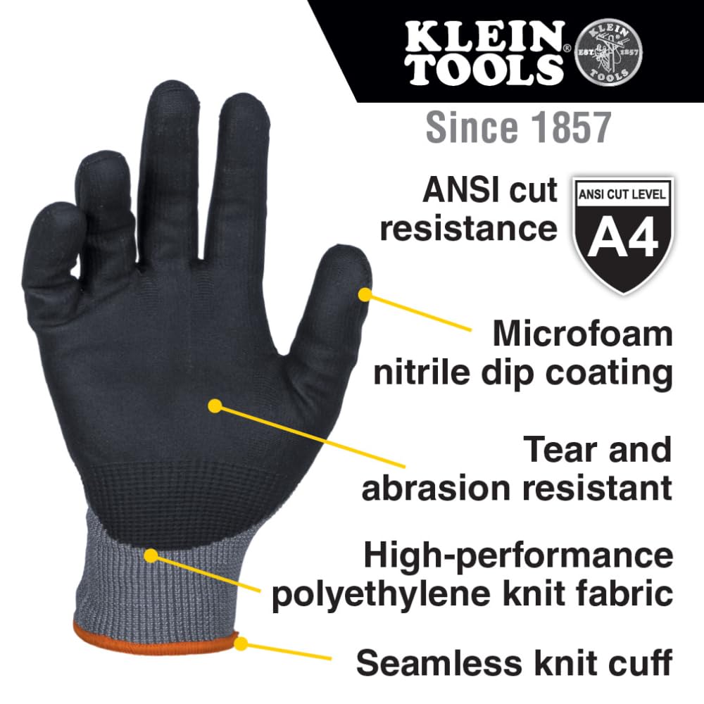 Klein Tools 60588 Work Gloves, Knit Dipped Cut Resistant ANSI A4 Nitrile Coated Gloves, HPPE Fabric, Touchscreen Capable, Medium, 2-Pair