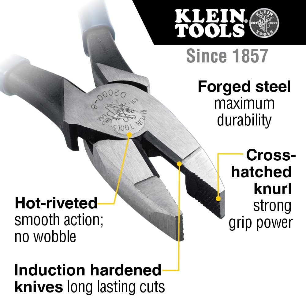Klein Tools D2000-8 Pliers, 8-Inch Side Cutters, High Leverage Lineman's Pliers Cut ACSR, Screws, Nails, Hard Wire
