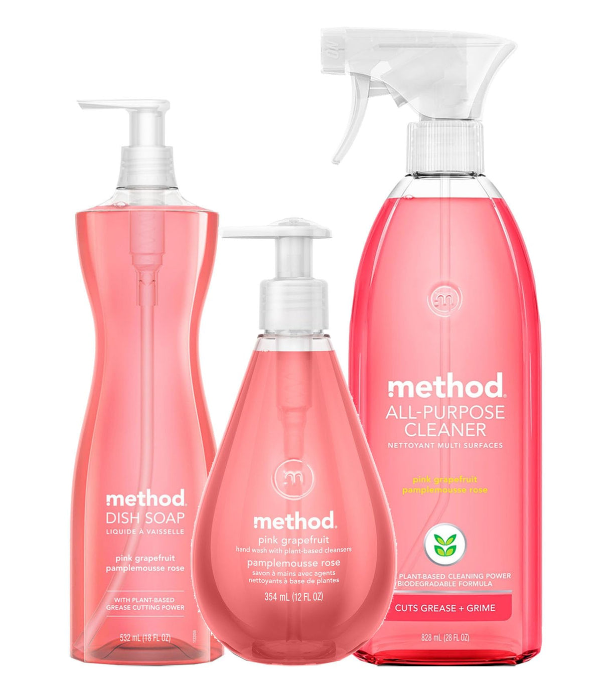 Method Pink Grapefruit Variety Pack Includes Dish Soap Hand Soap and All Purpose Cleaner, 3 Ct.