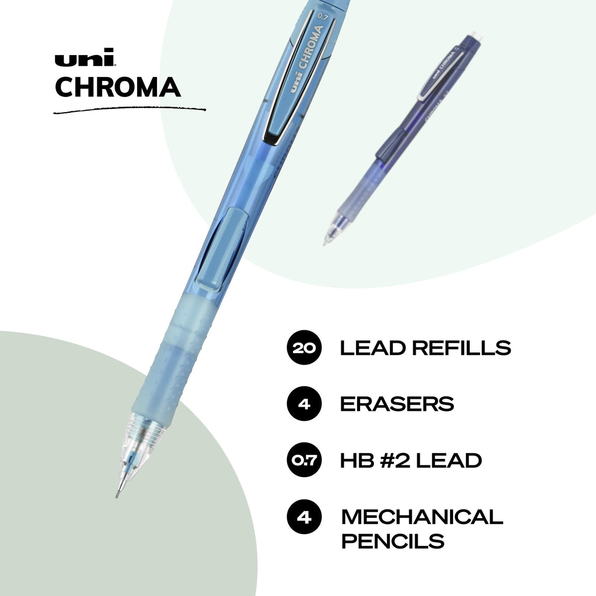 uniball Chroma Mechanical Pencil Woth Leasd and Eraser Refills, 0.7 Mm, Hb (#2), Black Lead, Assorted Barrel Colors, 4/Set