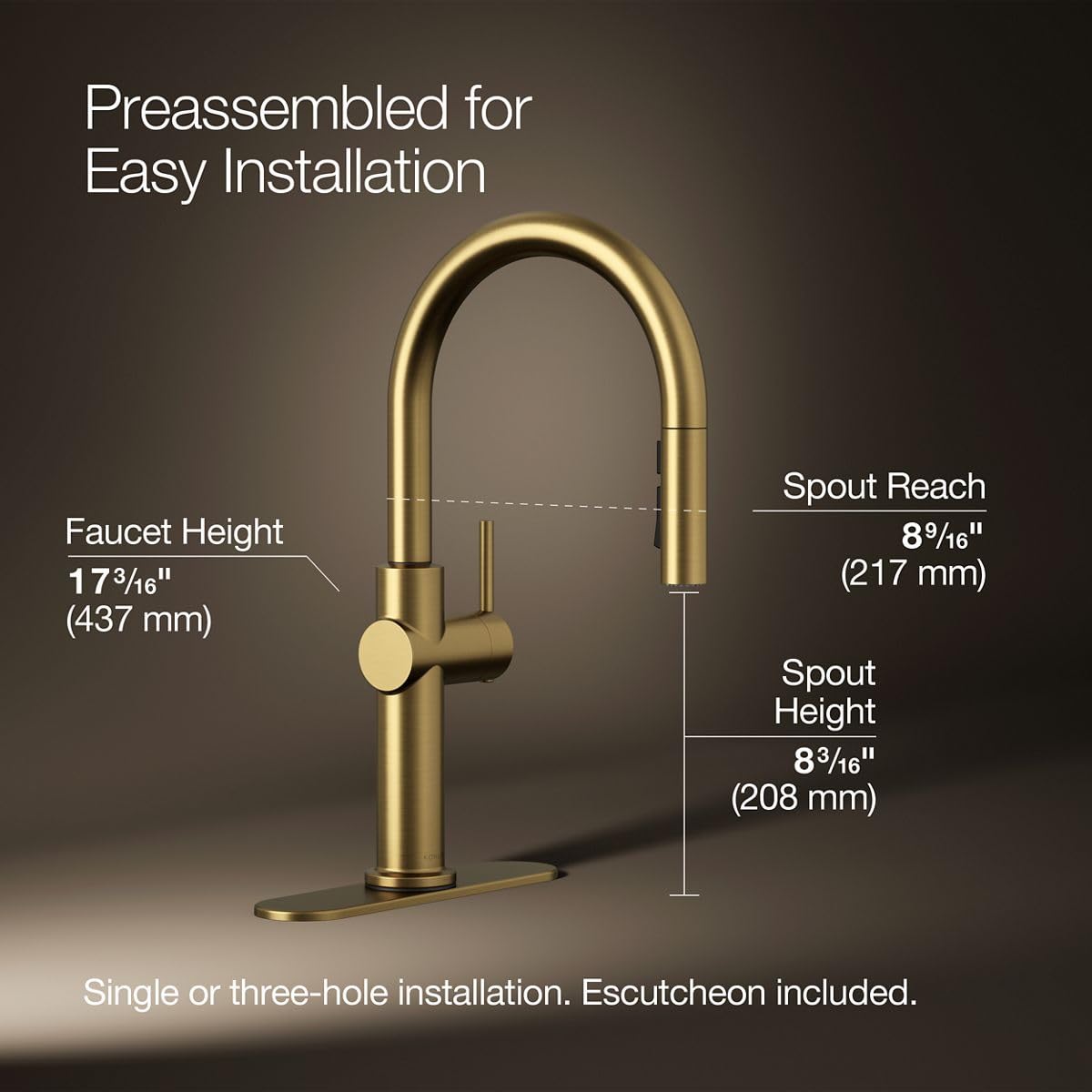 KOHLER 22972-2MB Crue Pull Down Kitchen Faucet, Pull-Down Sprayer, Vibrant Brushed Moderne Brass