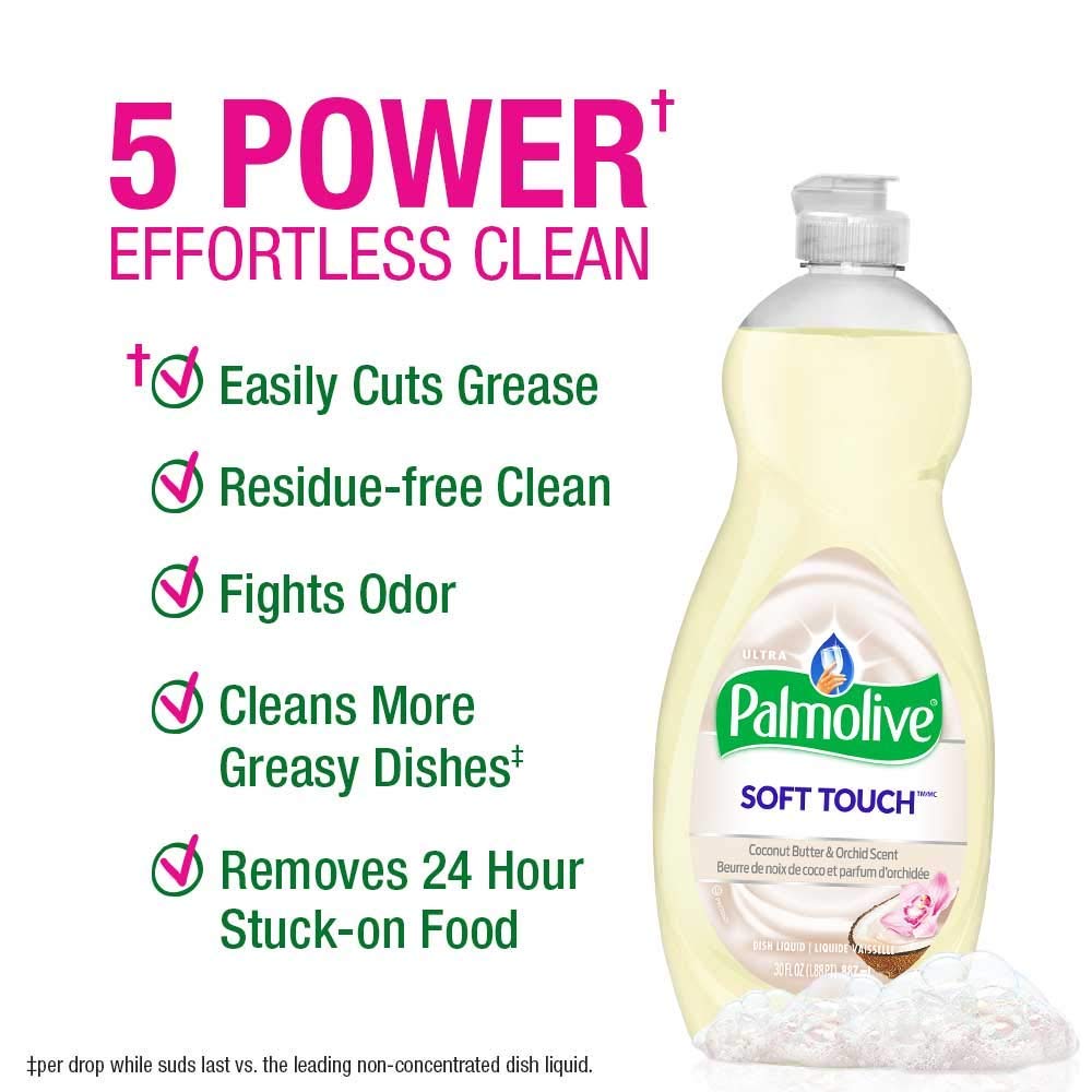 Palmolive Ultra Soft Touch Liquid Dish Soap | Soft Touch on Hands | Tough-on-Grease | Concentrated Formula | Coconut Butter & Orchid Scent - 20 Ounce Bottle (Pack of 3)