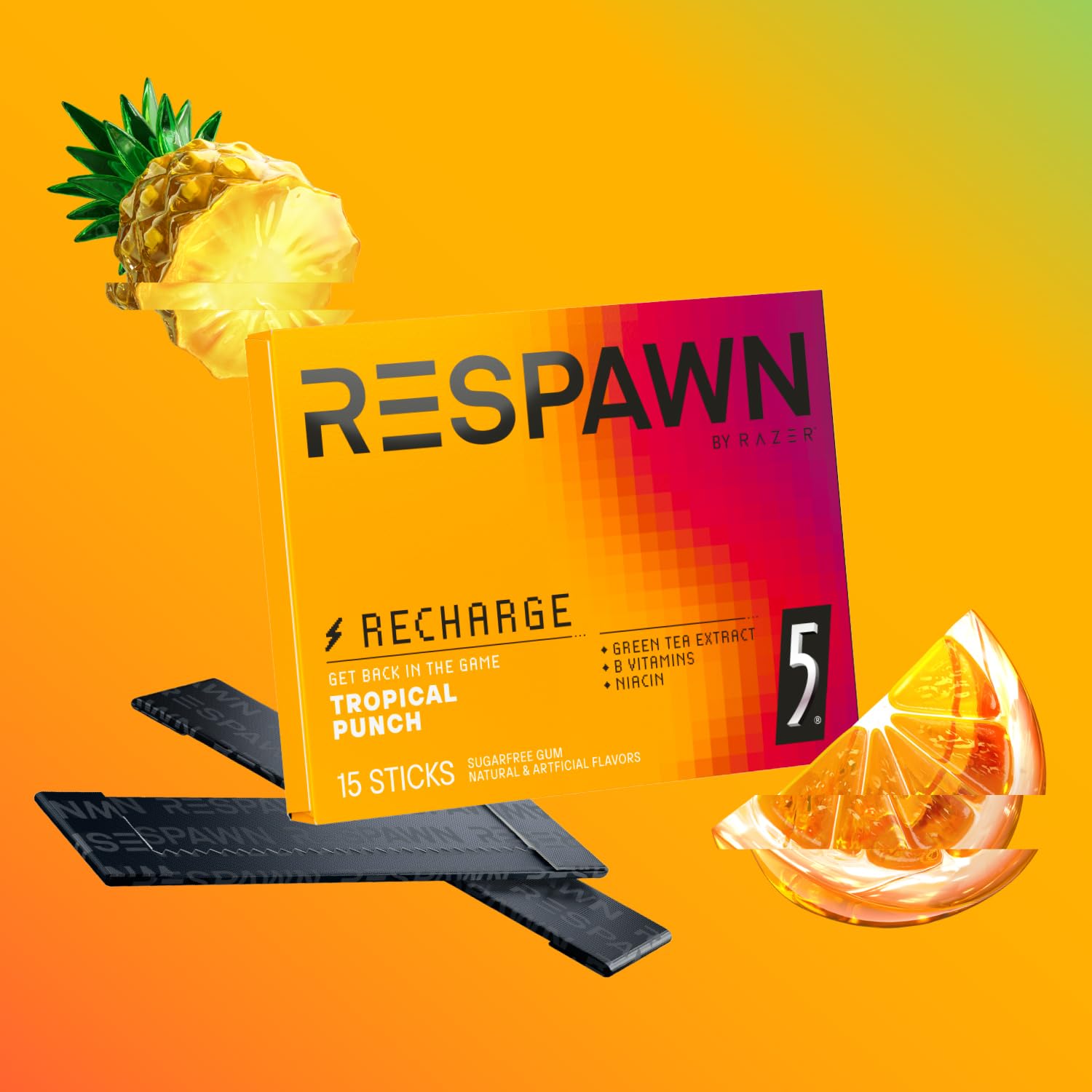 RESPAWN by Razer Chewing Gum - Tropical Punch, Neurogum Energy and Focus Sugar-Free, 15 Count Pack of 10 Bulk Box